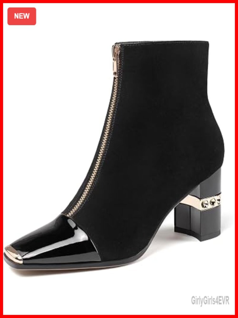 Women's Ankle Boots Block Chunky Heels Square Toe Suede Front Zipper 3 Inch
